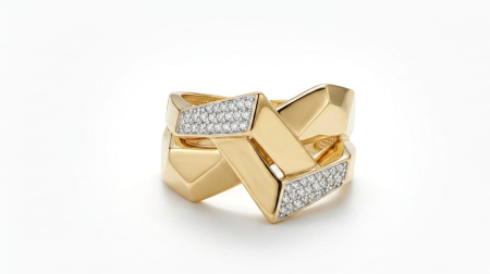 Inele aur 14k - Inel Statement Arhitectural din Aur 14K în Două Tonuri cu Design Geometric Intercalat și Pavaj de Zirconii