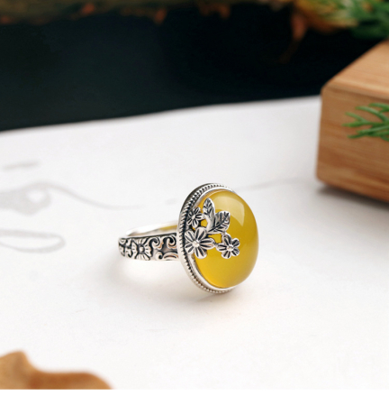 Inel argint 925 - Inel Statement Boho din Argint 925 – Cabușon Galben și Gravură Florală
