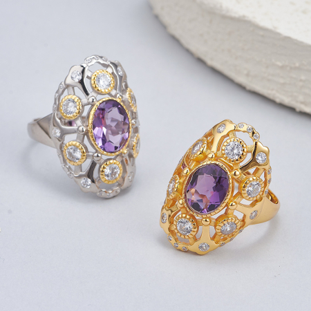 Inel argint 925 - Inel Statement din Argint 925 Placat cu Aur - Imperial Amethyst Marquise
