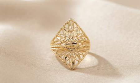 Inele aur 14k - Inel Statement din Aur Galben 14K cu Model Filigran și Fațete Diamantate
