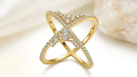 Inele aur 14k - Inel Statement din Aur Galben cu Design Încrucișat în X și Montură Pavată Tiara