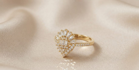 Inele aur 14k - Inel Statement Tiara din Aur Galben 14K cu Mozaic de Zirconiu Baghetă