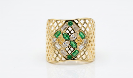 Inele aur 14k - Inel Statement „Vintage Lattice” din Aur Galben 14K cu Cristale Verzi și Marquise