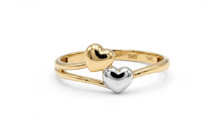 Inele aur 14k - Inel Toi et Moi din Aur Bicolor 14K cu Două Inimi Voluminoase