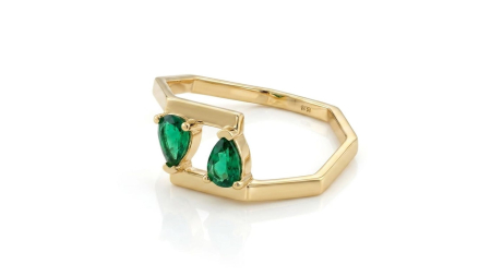 Inele aur 14k - Inel Toi et Moi Geometric din Aur 14K cu Cristale Verzi „Pear-Cut”