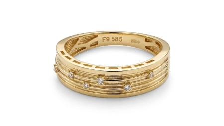 Inele aur 14k - Inel Verighetă din Aur Galben 14K cu Model Canelat și Zirconii / Diamante Asimetrice