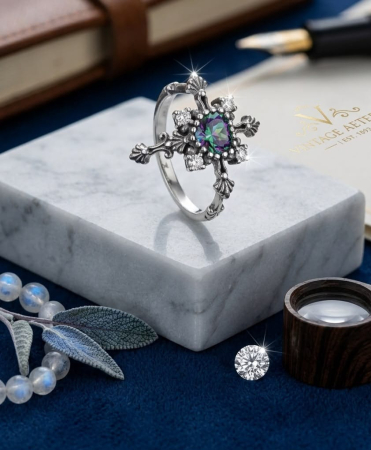 Inel argint 925 - Inel Vintage din Argint 925 „Mystic Gothic Cross” cu Topaz Mystic și Detalii Patinate