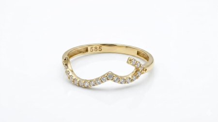 Inele aur 14k - Inel Wishbone Curbat din Aur Galben 14K cu Pavaj Zirconia