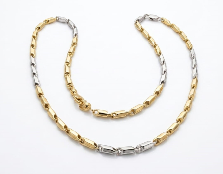 Bijuterii barbati - Lanț Bicolor din Aur 14K - Model Baril / Zale Cilindrice Alungite