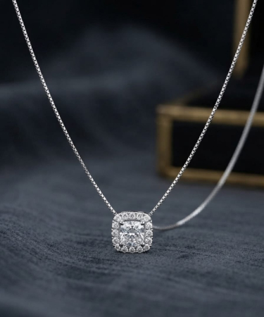 Lant argint 925 dama - Lant din Argint 925 cu Medalion Pătrat Halo și Zirconiu Solitar, 17+3 cm, 2.00g