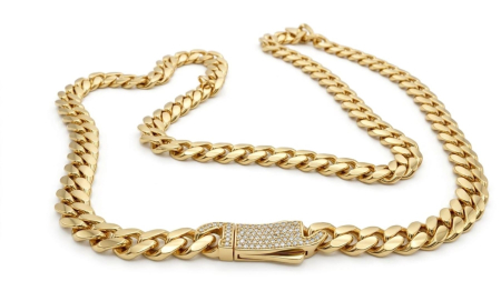 Bijuterii barbati - Lanț din Aur Galben 14K Model Cuban cu Închizătoare Iced-Out