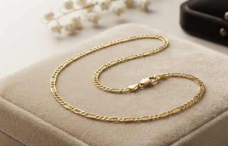 bijuterii aur - Lanț Figaro din Aur Galben 14K cu Model Diamantat, 50 cm, 4.64 gr