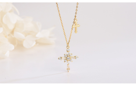 Lant argint 925 dama - Lănțișor Argint 925 Placat cu Aur – Double Cross cu Cristale Zirconia
