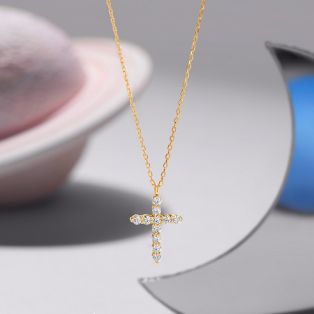 Lant argint 925 dama - Lănțișor din Argint 925 Aurit „Divine Sparkle” – Colier cu Cruce din Cristale Zirconia