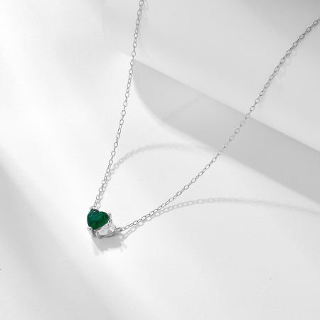 Lant argint 925 dama - Lănțișor din Argint 925 cu Două Inimi Zirconiu Verde Smarald – „Twin Hearts”
