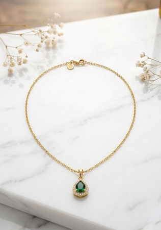 Lant argint 925 dama - Lănțișor din Argint 925 Placat cu Aur, Picătură Verde Smarald – „Emerald Teardrop”