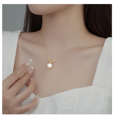 Lant argint 925 dama - Lănțișor din Argint 925 Placat cu Aur și Perlă Rotundă – Golden Aura Pearl