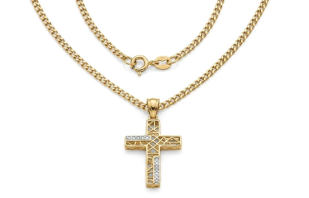 LANT BARBAT AUR 14K - Lănțișor din Aur Galben 14K cu Pandantiv Cruce Filigran și Cristale