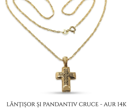 LANT BARBAT AUR 14K - Lănțișor și Pandantiv Cruce din Aur Galben 14K – Model Grecesc Clasic