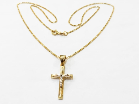 LANT BARBAT AUR 14K - Lănțișor și Pandantiv Crucifix Bicolor din Aur 14K – Model Figaro