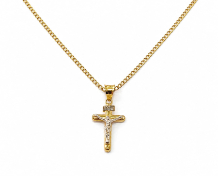 Bijuterii barbati - Lănțișorul din aur galben de 14K cu pandantiv crucifix bicolor
