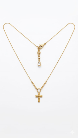Lant aur 14k - Lanțul din aur galben de 14K cu pandantiv cruce texturată și charm picătură