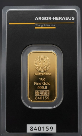 Lingou aur - Lingou Aur de Investiții 24K, Argor-Heraeus Elveția, 10 grame, Puritate 999.9‰ (Aur Fin), Certificat de Autenticitate Inclus