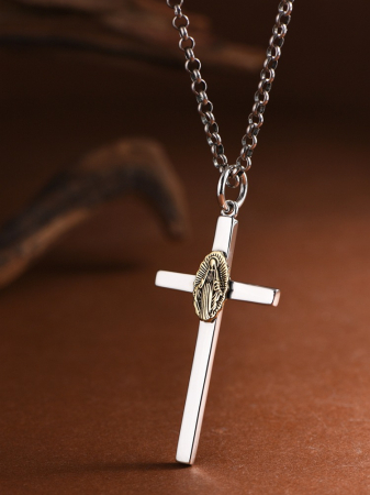 Pandative argint 925 - Medalion  Argint 925 „Divine Cross & Madonna” – Lanț cu Pandantiv Cruce Minimalistă și Detaliu Auriu
