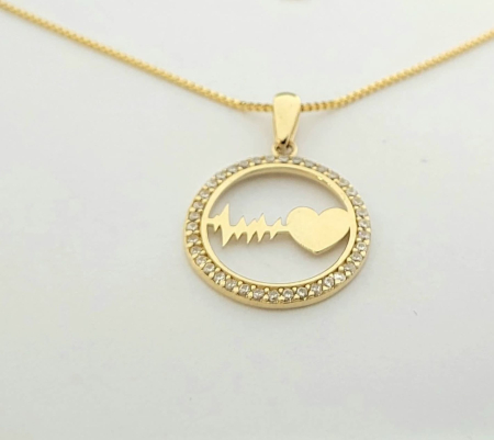 Medalioane aur 14k - Medalion Aur Galben 14K Rotund cu Inimă și Puls (EKG) și Zirconii