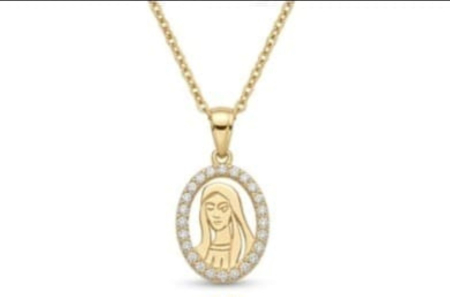 Medalioane aur 14k - Medalion din Aur Galben 14K Oval cu Maica Domnului și Zirconii
