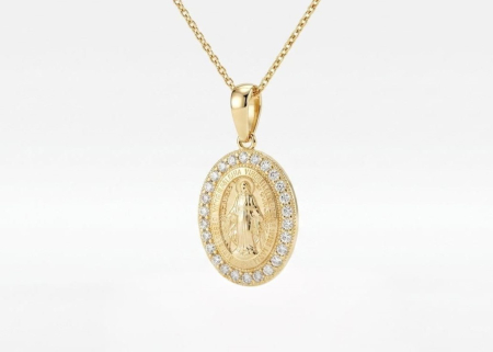 Medalioane aur 14k - Medalion din Aur Galben 14K Oval Medalia Miraculoasă cu Zirconii