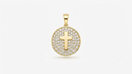 Medalioane aur 14k - Medalion Rotund din Aur Galben 14K cu Cruce Centrală și Pave de Zirconiu – 2.23g, 2cm