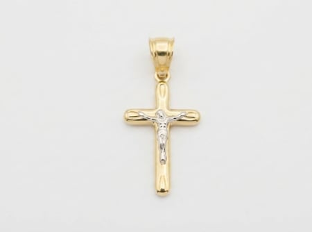 Medalioane aur 14k - Mini Crucifix din Aur Bicolor 14K – Brațe Bombate Lucioase (2 cm, 0.58g)
