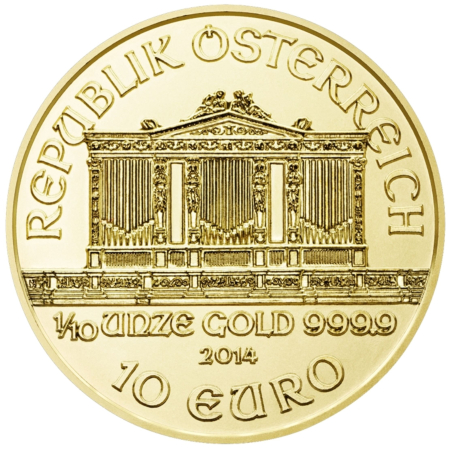 Lingou/Monede - Monedă din Aur 1/10 Oz Filarmonica din Viena, Aur de Investiții 24K, Puritate 999.9‰ (Aur Fin), Monetăria Austriei