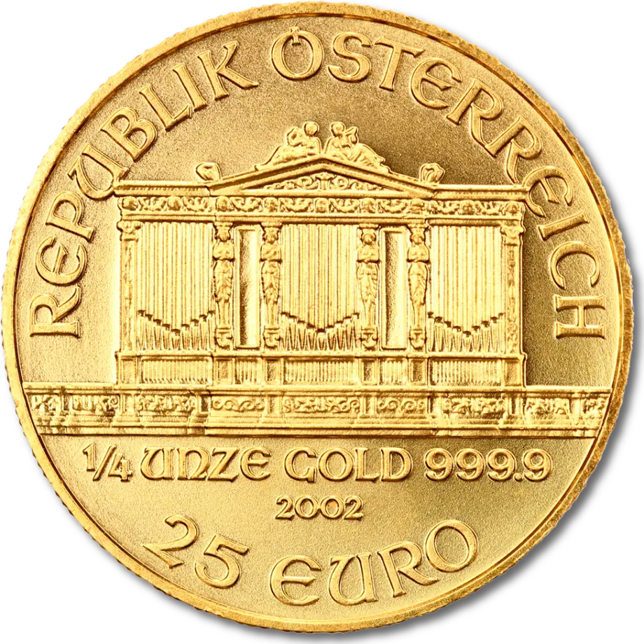 Lingou/Monede - Monedă din Aur Filarmonica din Viena 1/4 oz (Aur Pur 24K, Ediția 2002)