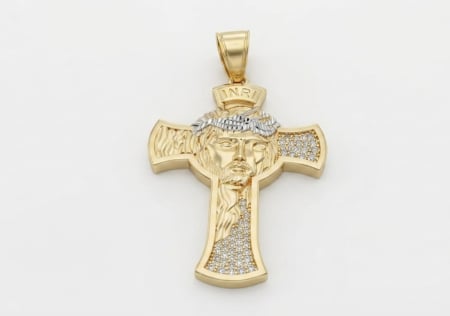 Medalioane aur 14k - Pandantiv Cruce Statement din Aur 14K cu Chipul lui Iisus și Pave Cristale – Bicolor, 7.46g, 6cm