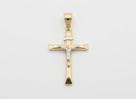 Medalioane aur 14k - Pandantiv Crucifix din Aur Bicolor 14K – Brațe Evazate și Finisaj Lucios (3 cm, 1.07g)