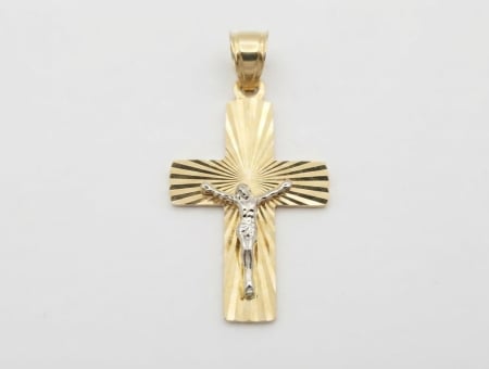 Medalioane aur 14k - Pandantiv Crucifix din Aur Bicolor 14K – Finisaj Diamantat Sunburst (3 cm, 1.22g)