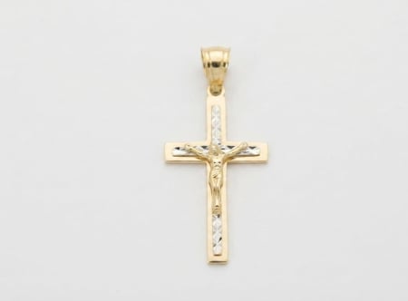 Medalioane aur 14k - Pandantiv Crucifix din Aur Bicolor 14K – Inserție Diamantată Geometrică (2.5 cm, 0.75g)