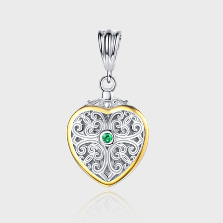 Pandative argint 925 - Pandantiv din Argint 925 Bicolor – Model Inimă Vintage Filigranată cu Zirconiu Verde Smarald