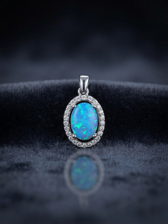 Pandative argint 925 - Pandantiv din Argint 925 cu Opal Albastru și Halo din Zirconiu