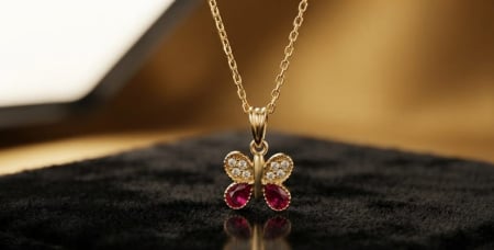 Medalioane aur 14k - Pandantiv Fluture din Aur Galben 14K cu Pietre Roșii și Zirconiu