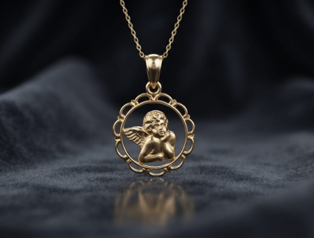Medalioane aur 14k - Pandantiv Îngeraș din Aur Galben 14K – Medalion Rotund cu Ramă Dantelată