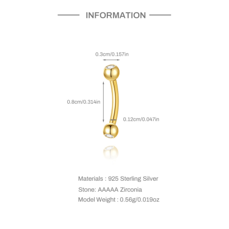 Cercei argint - Piercing din Argint 925 Placat cu Aur, Model Bară Curbată cu Zirconiu AAAAA