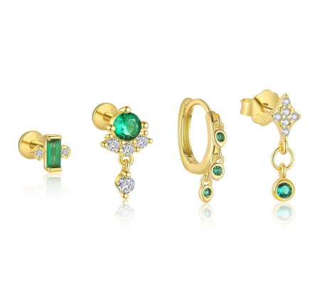 Cercei argint - Set 4 Cercei Piercing Din Argint 925 Gold Emerald Ear Party