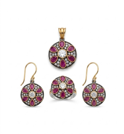 Set argint 925 - Set Argint 925 „Jaipur Ruby” – Design Floral Vintage cu Rubine și Zirconii