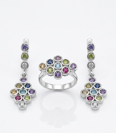 Set argint 925 - Set Argint 925 „Multicolor Bubble” – Inel și Cercei Lungi cu Cristale Curcubeu
