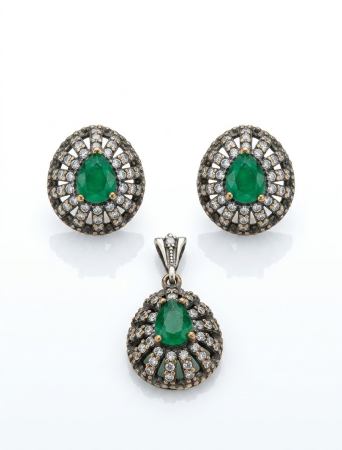 Set argint 925 - Set Argint 925 „Royal Emerald” – Model Vintage cu Cristale Verzi Lacrimă și Zirconii