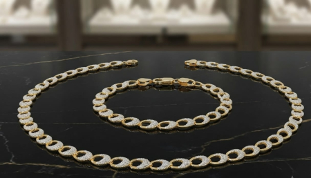 Lant aur 14k - Set Bicolor de Lux din Aur 14K – Colier 50 cm și Brățară 20 cm, Model cu Aur Alb Diamantat, 7.9g