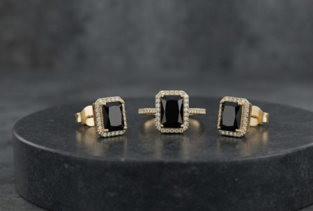 bijuterii aur - Set Bijuterii Aur Galben 14K 8g | Inel și Cercei cu Piatră Neagră și Halo Zirconii